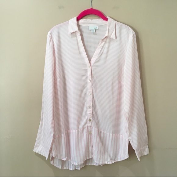 J.jill tops mixed pinstriped button collared long sleeve pink white - Picture 1 of 7